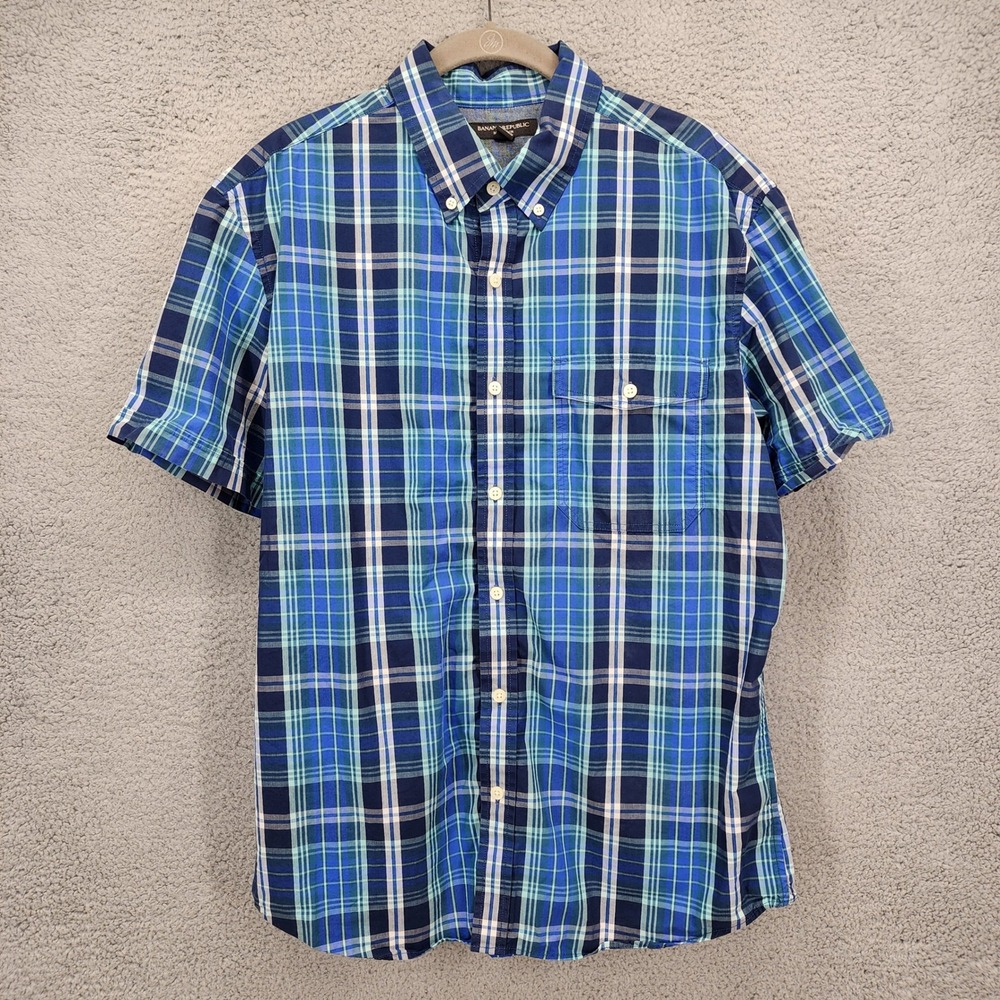 Banana Republic Soft Wash Mens Large Blue Green Plaid Short Sleeve Button Down